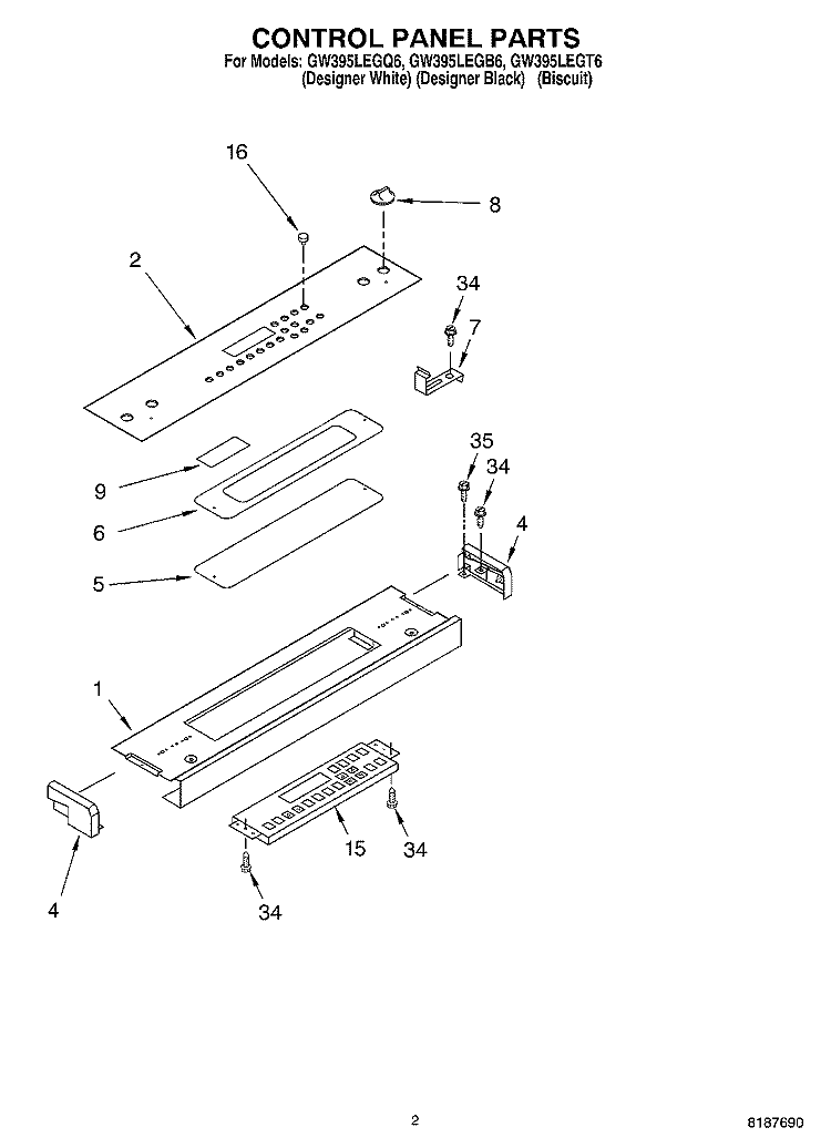 CONTROL PANEL Diagram and Parts List for GW395LEGB6  Whirlpool Range