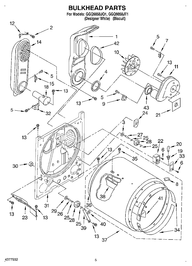 BULKHEAD Diagram and Parts List for GGQ9858JQ1  Whirlpool Dryer