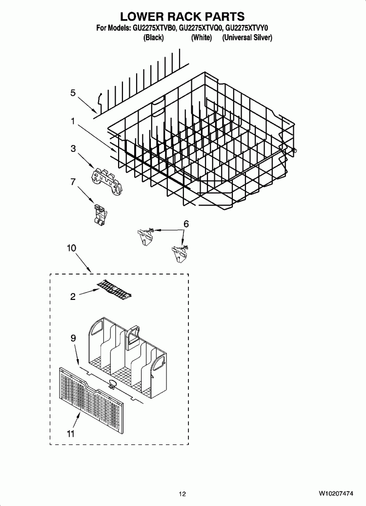 LOWER RACK PARTS Diagram and Parts List for GU2275XTVQ0  Whirlpool Dishwasher