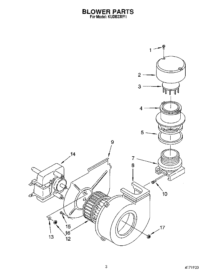 BLOWER Diagram and Parts List for KUDB230Y1  KitchenAid Dishwasher