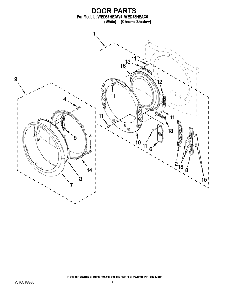 DOOR PARTS Diagram and Parts List for WED88HEAW0  Whirlpool Dryer