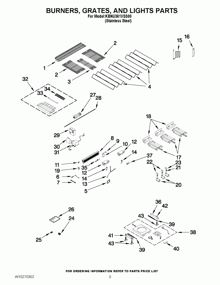 BURNERS, GRATES, AND LIGHTS PARTS Diagram and Parts List for KBNU361VSS00  KitchenAid Grill
