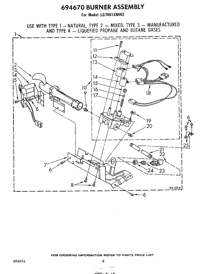 694670 BURNER Diagram and Parts List for LG7001XMW2  Whirlpool Dryer