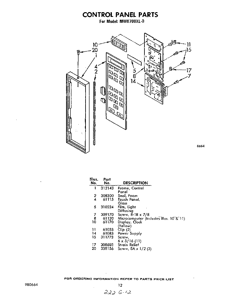 CONTROL PANEL Diagram and Parts List for MW8700XL0  Whirlpool Microwave