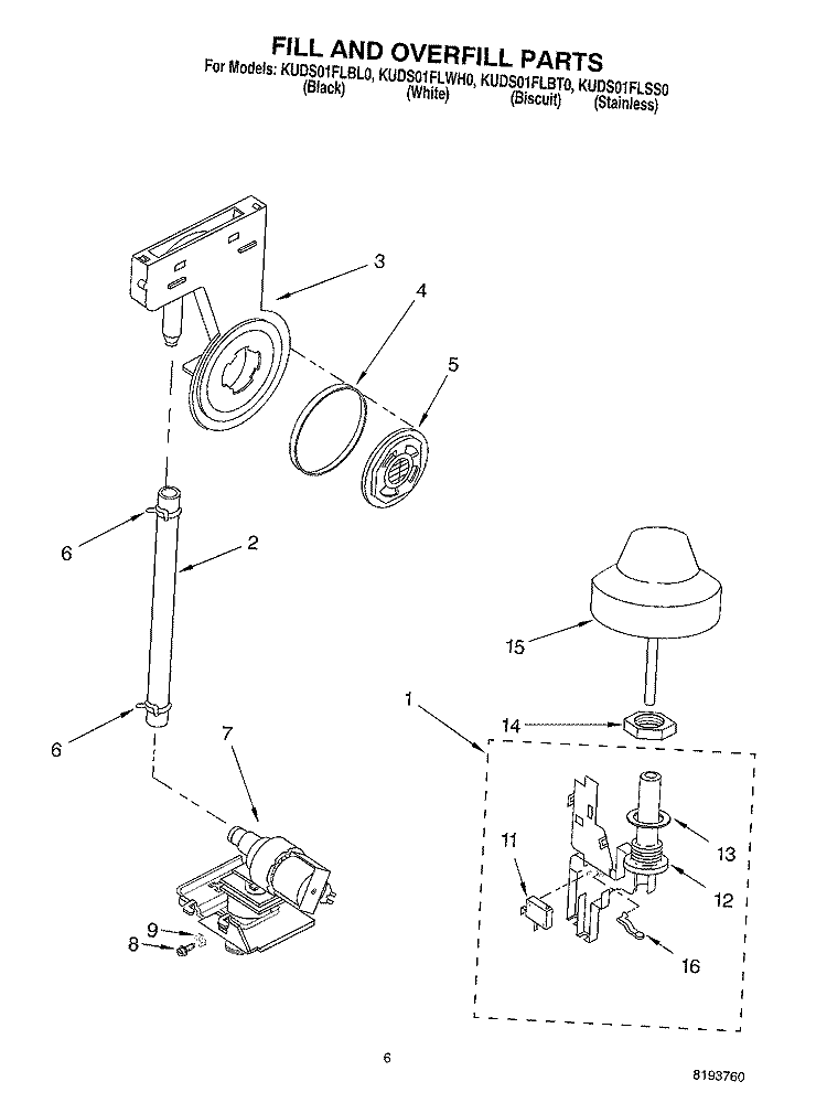 FILL AND OVERFILL Diagram and Parts List for KUDS01FLBS0  Whirlpool Dishwasher