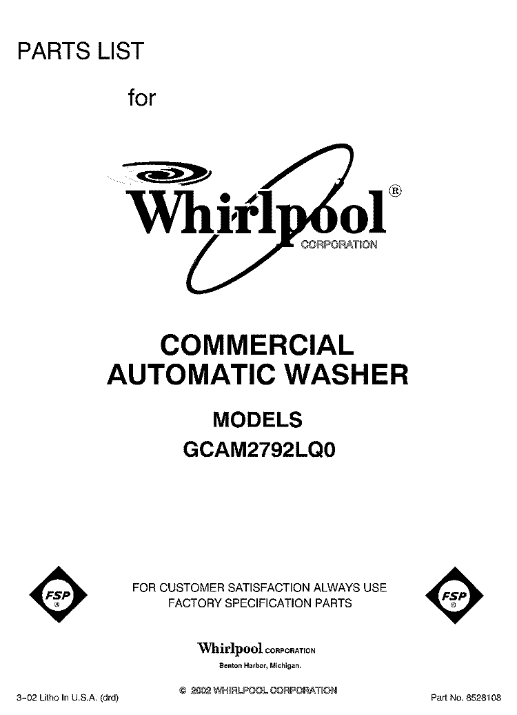 FRONT COVER Diagram and Parts List for GCAM2792LQ0  Whirlpool Washer
