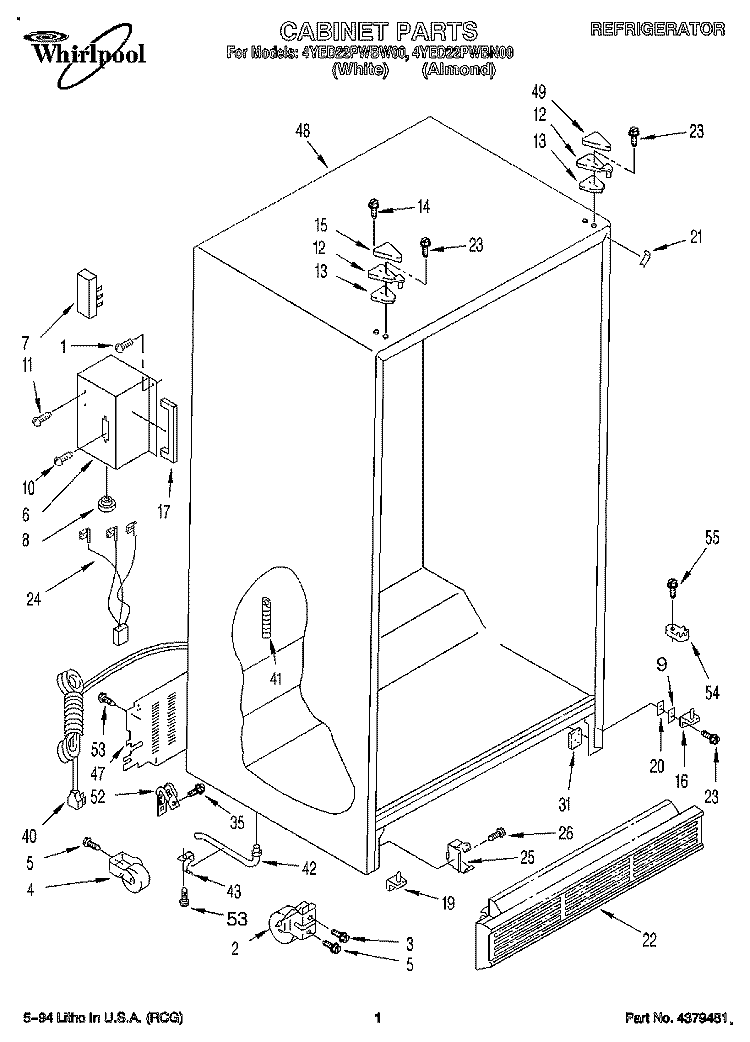 CABINET Diagram and Parts List for 4YED22PWBW00  Whirlpool Refrigerator