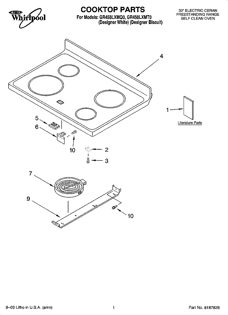COOKTOP PARTS Diagram and Parts List for GR458LXMT0  Whirlpool Range