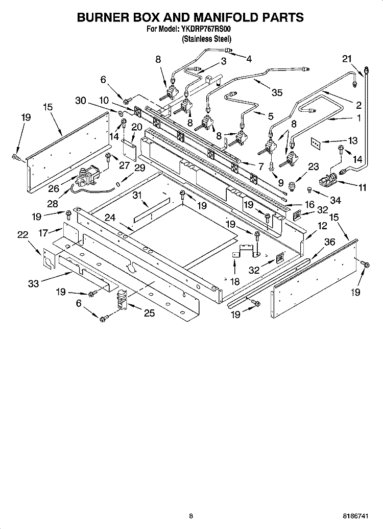 BURNER BOX AND MANIFOLD PARTS Diagram and Parts List for YKDRP767RS00  KitchenAid Range