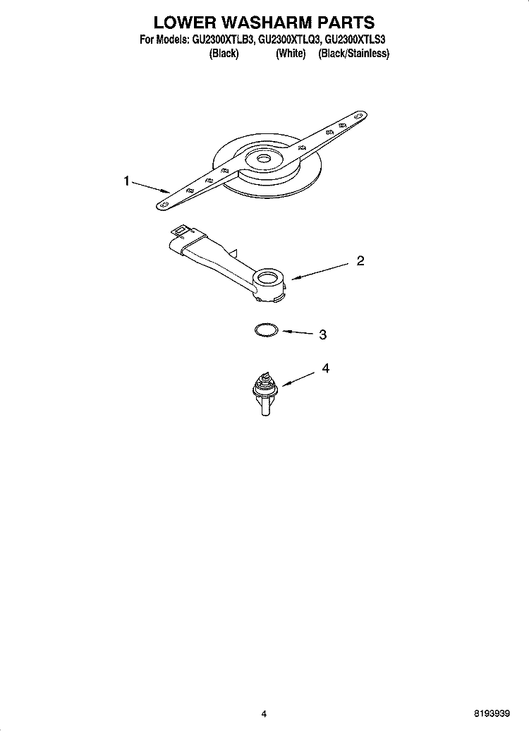 LOWER WASHARM PARTS Diagram and Parts List for GU2300XTLB3  Whirlpool Dishwasher