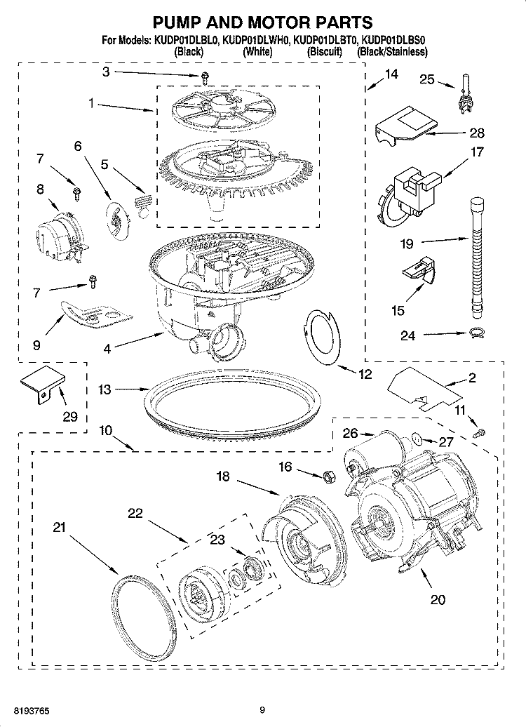 PUMP AND MOTOR PARTS Diagram and Parts List for KUDP01DLBS0  KitchenAid Dishwasher
