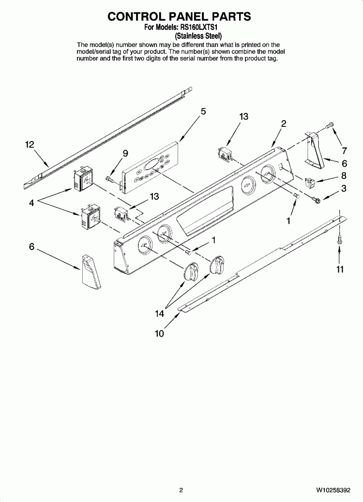 CONTROL PANEL PARTS Diagram and Parts List for RS160LXTS1  Whirlpool Range