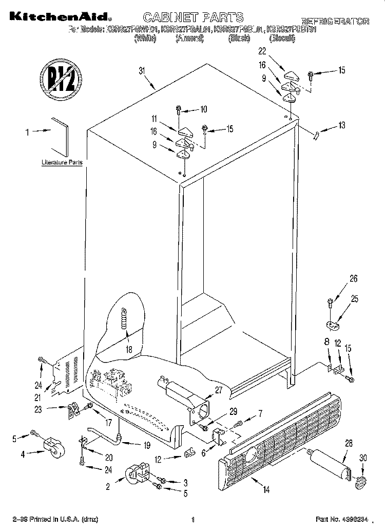 CABINET, LITERATURE Diagram and Parts List for KSRS27FGBL01  KitchenAid Refrigerator