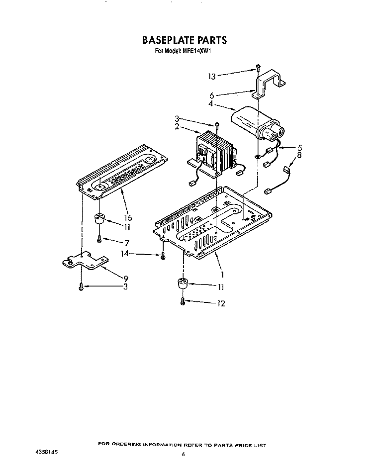 BASEPLATE Diagram and Parts List for MFE14XW1  Roper Microwave