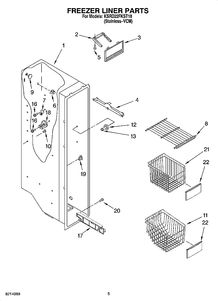FREEZER LINER PARTS Diagram and Parts List for KSRD22FKST18  KitchenAid Refrigerator