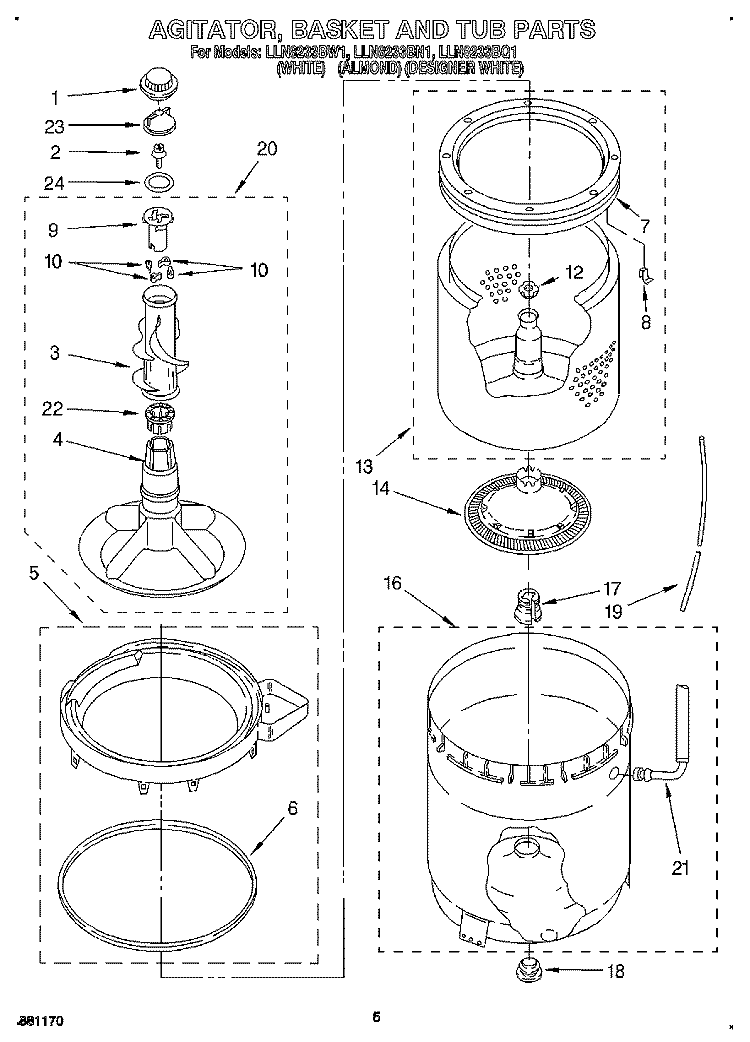 AGITATOR, BASKET AND TUB Diagram and Parts List for LLN8233BN1  Whirlpool Washer