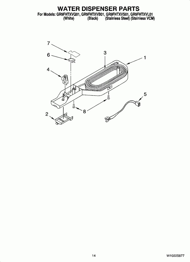 WATER DISPENSER PARTS, OPTIONAL PARTS Diagram and Parts List for GR9FHTXVQ01  Whirlpool Refrigerator