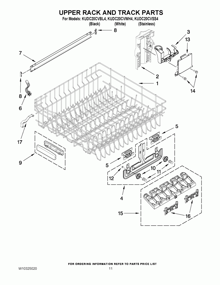 UPPER RACK AND TRACK PARTS Diagram and Parts List for KUDC20CVSS4  KitchenAid Dishwasher