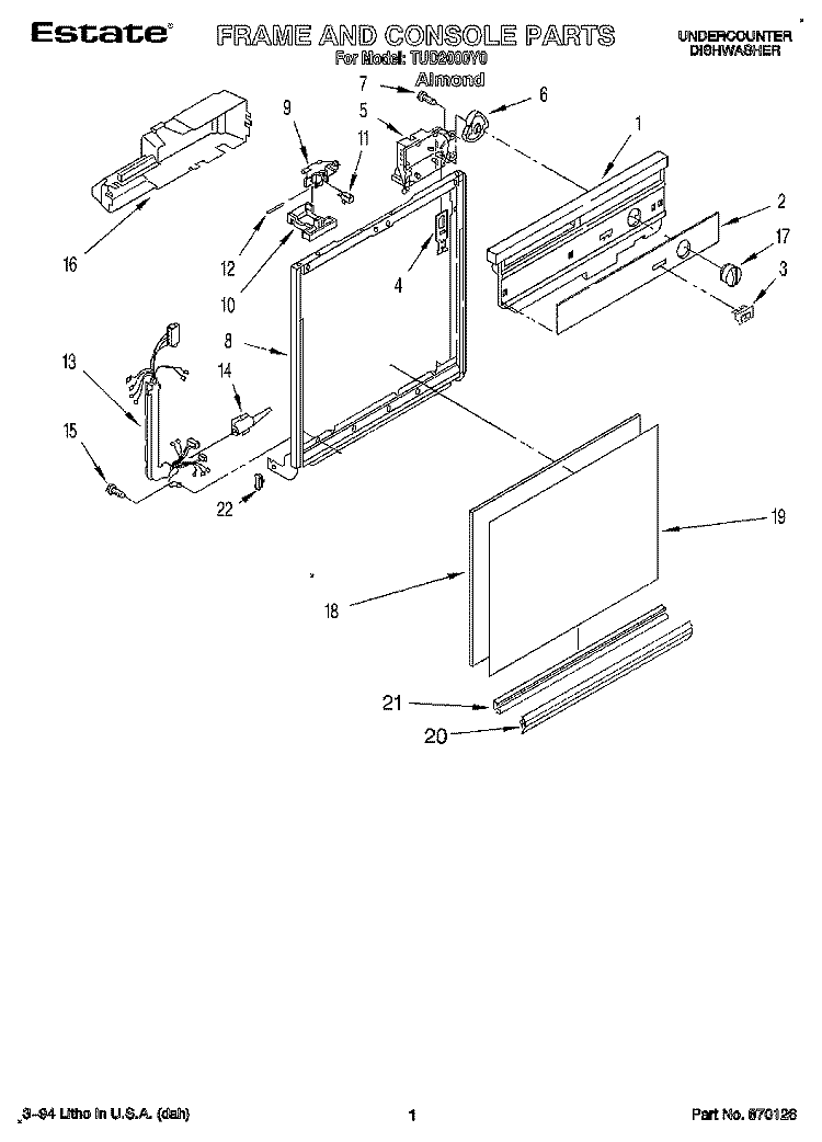 FRAME AND CONSOLE Diagram and Parts List for TUD2000Y0  Whirlpool Dishwasher
