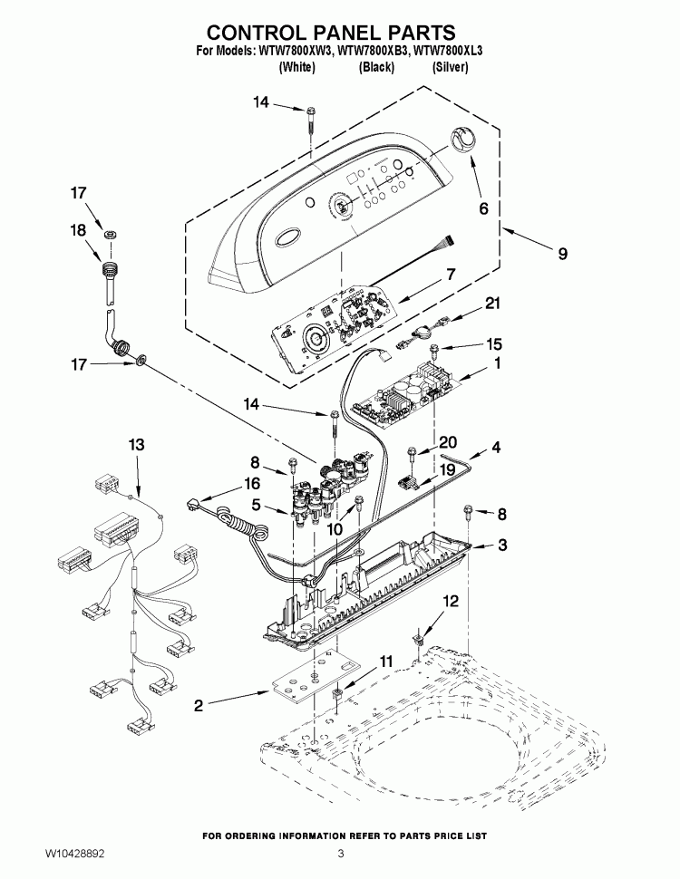 CONTROL PANEL PARTS Diagram and Parts List for WTW7800XB3  Whirlpool Washer