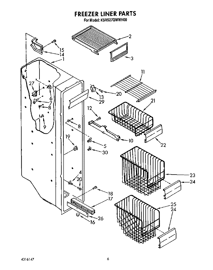 FREEZER LINER Diagram and Parts List for KSRS27QWWH00  KitchenAid Refrigerator