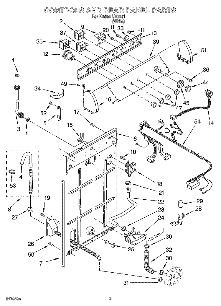 CONTROLS AND REAR PANEL PARTS Diagram and Parts List for IJ43001  Inglis Washer