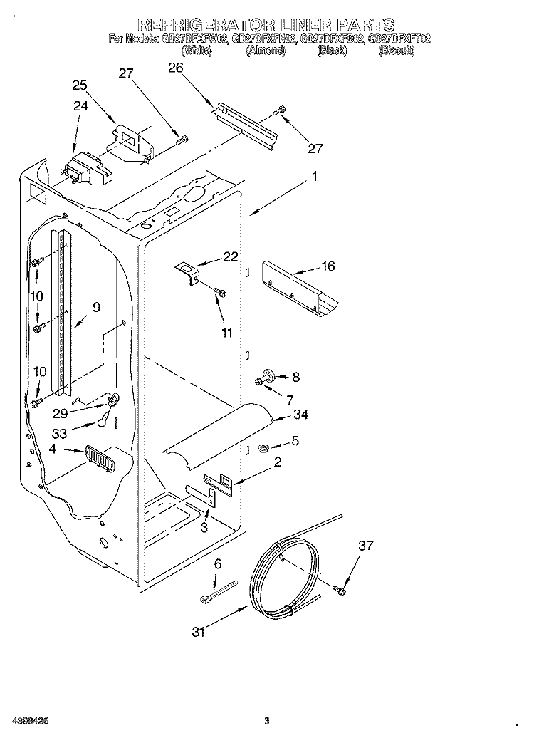 REFRIGERATOR LINER Diagram and Parts List for GD27DFXFB02  Whirlpool Refrigerator