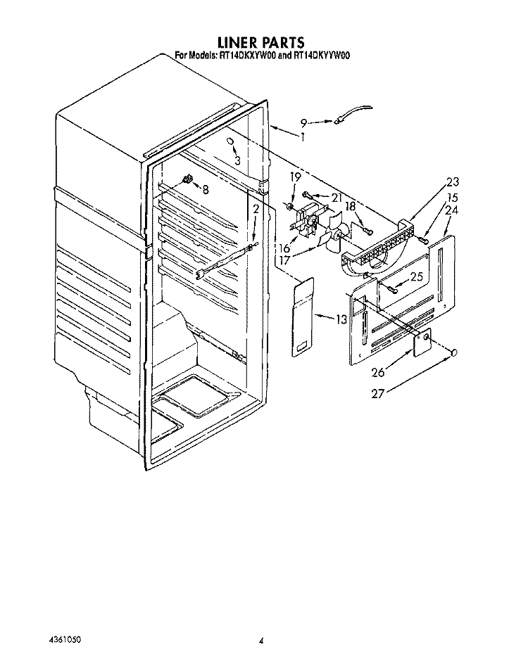 LINER Diagram and Parts List for RT14DKYYW00  Roper Refrigerator
