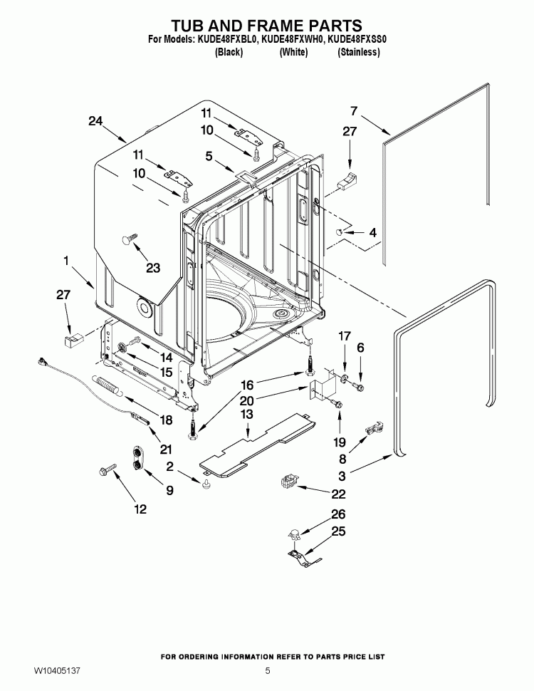 TUB AND FRAME PARTS Diagram and Parts List for KUDE48FXBL0  KitchenAid Dishwasher