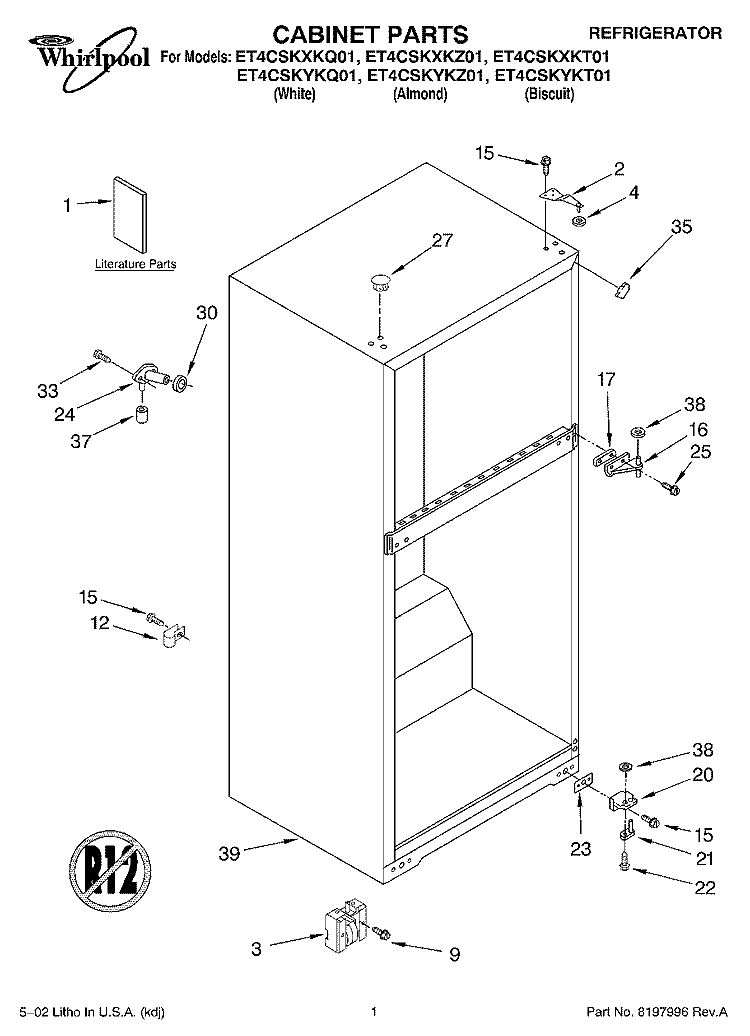 CABINET, LITERATURE Diagram and Parts List for ET4CSKYKT01  Whirlpool Refrigerator