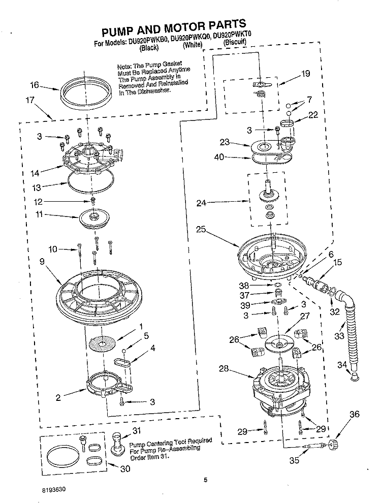 PUMP AND MOTOR Diagram and Parts List for DU920PWKT0  Whirlpool Dishwasher