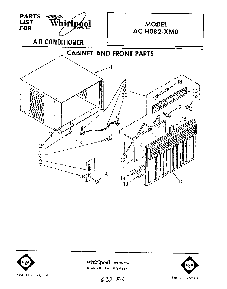CABINET AND FRONT PARTS Diagram and Parts List for ACH082XM0  Whirlpool Air Conditioner