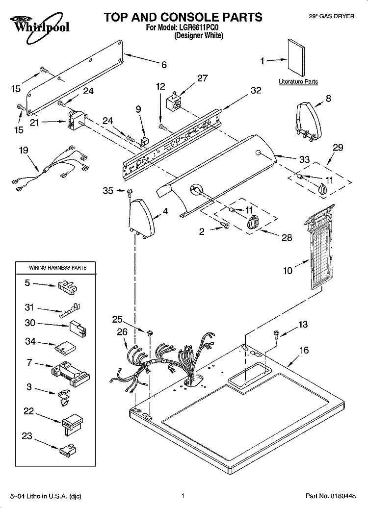 TOP AND CONSOLE PARTS Diagram and Parts List for LGR6611PQ0  Whirlpool Dryer