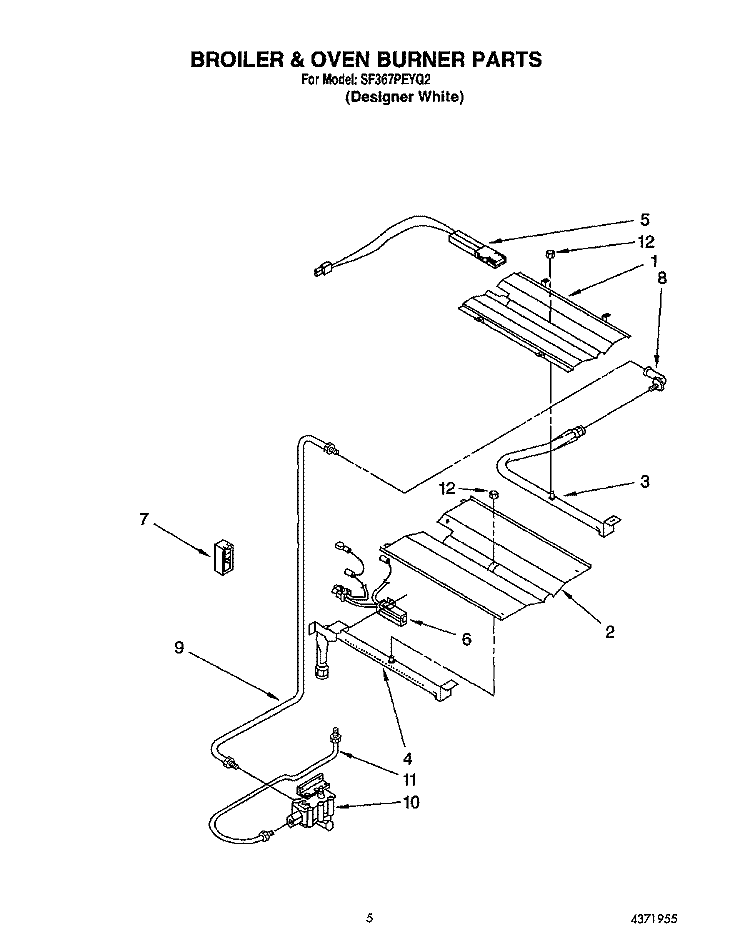 BROILER AND OVEN BURNER Diagram and Parts List for SF367PEYQ2  Whirlpool Range