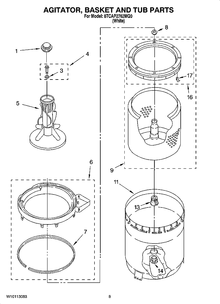 AGITATOR, BASKET AND TUB PARTS Diagram and Parts List for 8TCAP2762MQ0  Whirlpool Washer