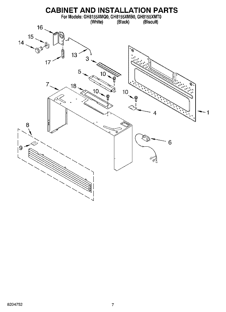 CABINET AND INSTALLATION PARTS Diagram and Parts List for GH8155XMQ0  Whirlpool Microwave