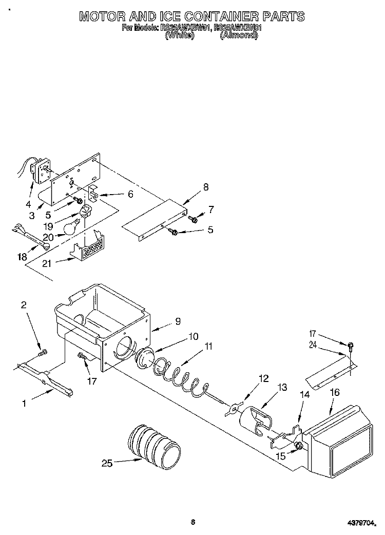 MOTOR AND ICE CONTAINER Diagram and Parts List for RS25AWXBW01  Roper Refrigerator