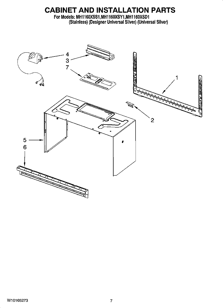 CABINET AND INSTALLATION PARTS Diagram and Parts List for MH1160XSD1  Whirlpool Microwave
