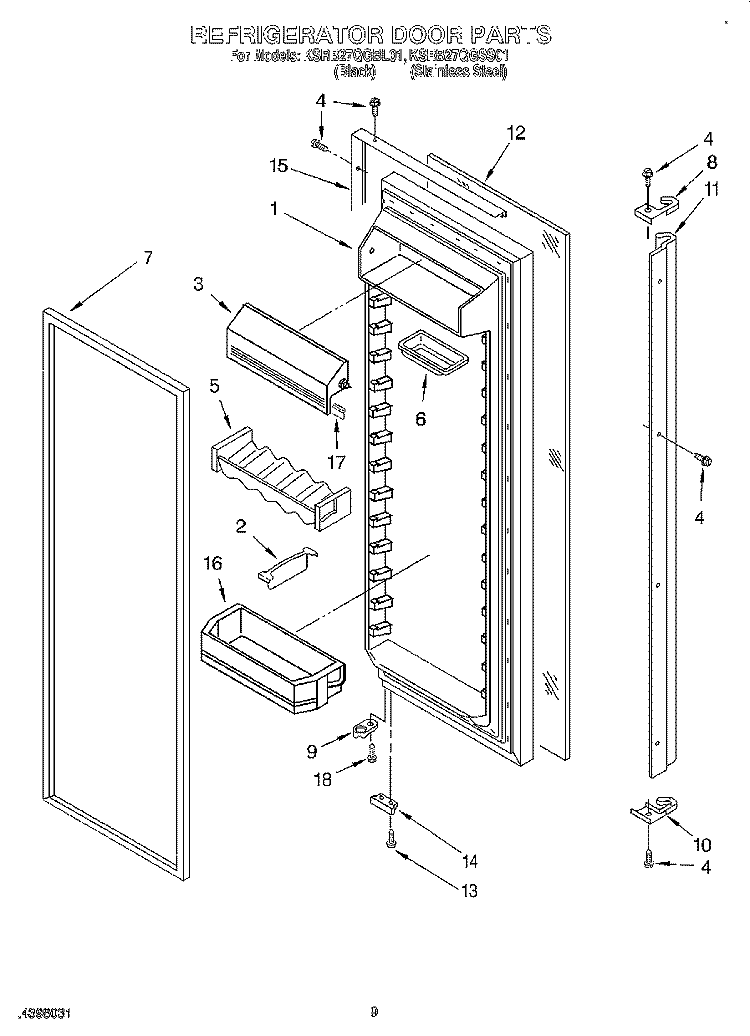 REFRIGERATOR DOOR Diagram and Parts List for KSRB27QGBL01  KitchenAid Refrigerator