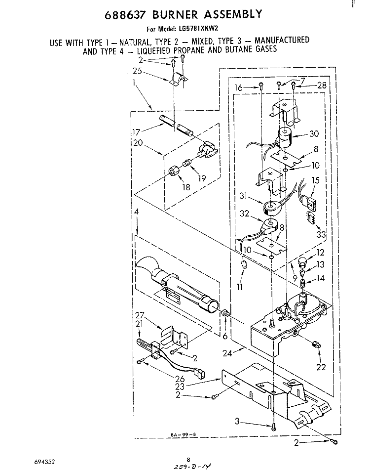 688637 BURNER Diagram and Parts List for LG5781XKW2  Whirlpool Dryer