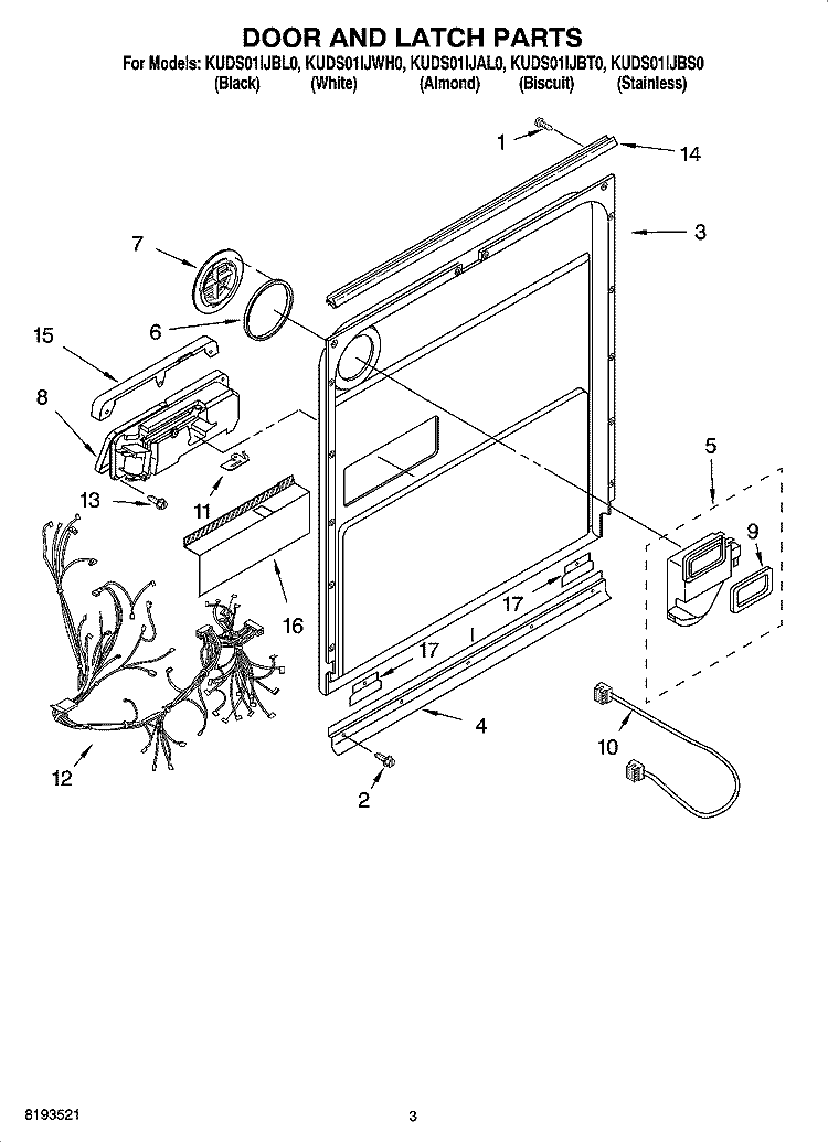 DOOR AND LATCH PARTS Diagram and Parts List for KUDS01IJBL0  KitchenAid Dishwasher