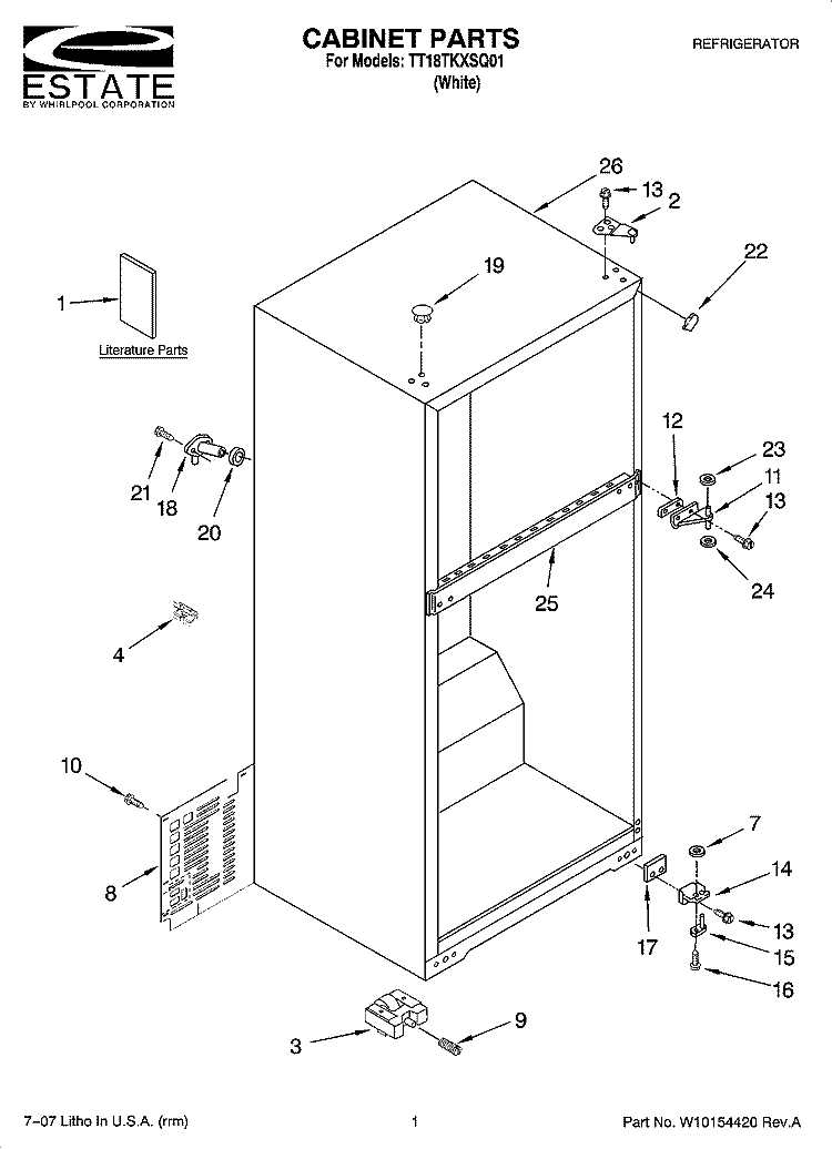 CABINET PARTS Diagram and Parts List for TT18TKXSQ01  Estate Refrigerator