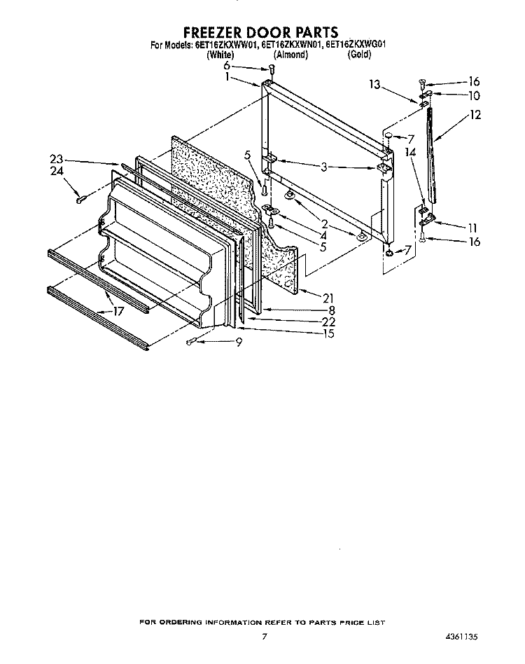 FREEZER DOOR Diagram and Parts List for 6ET16ZKXWN01  Whirlpool Refrigerator