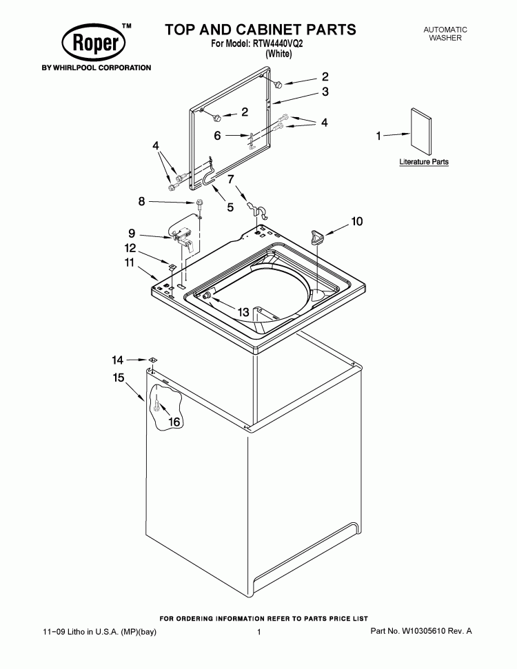 TOP AND CABINET PARTS Diagram and Parts List for RTW4440VQ2  Roper Washer