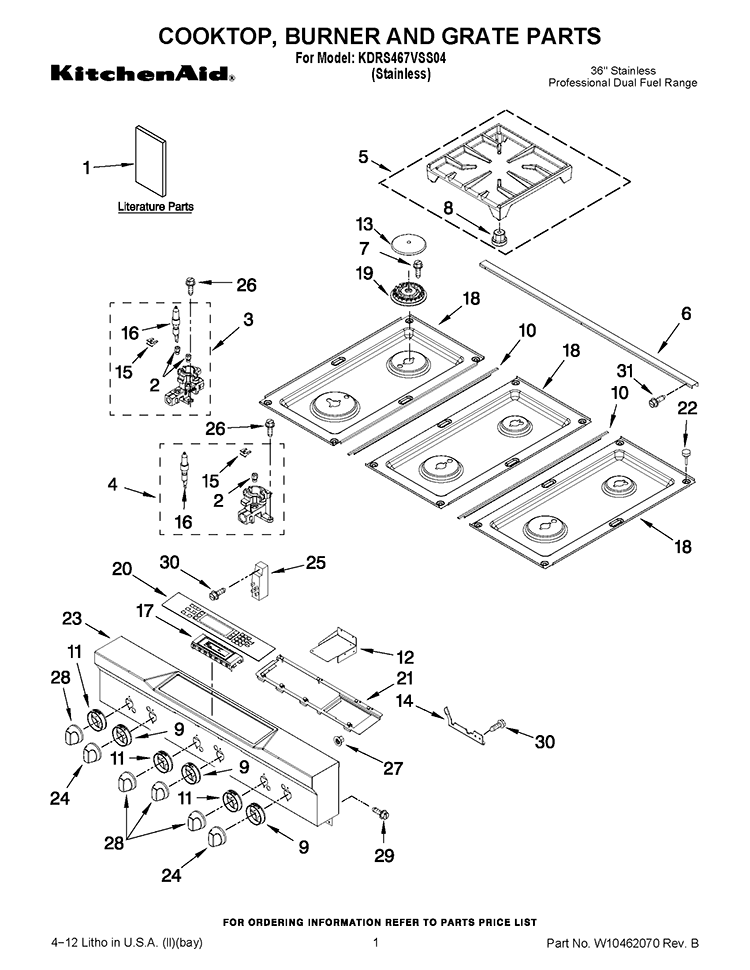 COOKTOP, BURNER AND GRATE PARTS Diagram and Parts List for KDRS467VSS04  KitchenAid Range