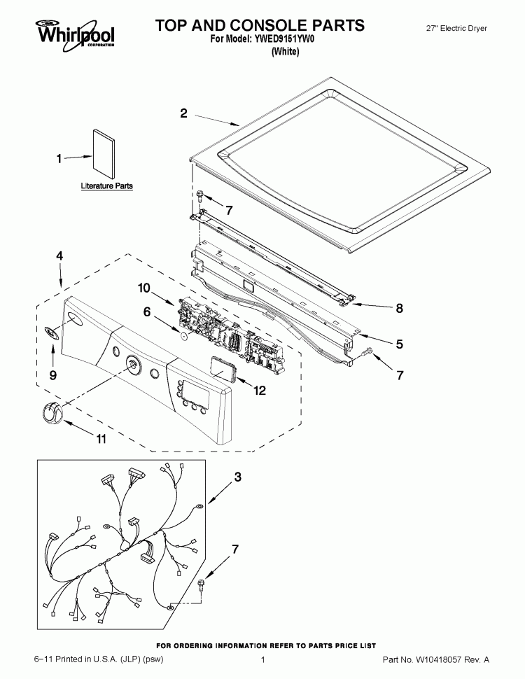 TOP AND CONSOLE PARTS Diagram and Parts List for YWED9151YW0  Whirlpool Dryer