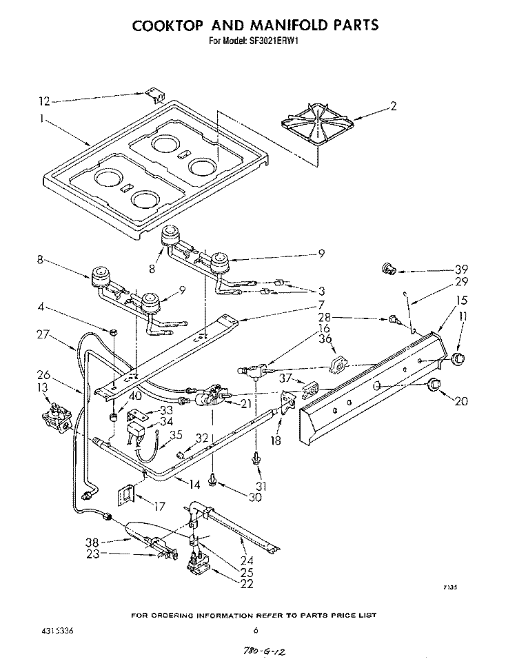 COOK TOP AND MANIFOLD , LITERATURE Diagram and Parts List for SF3021ERW1  Whirlpool Range