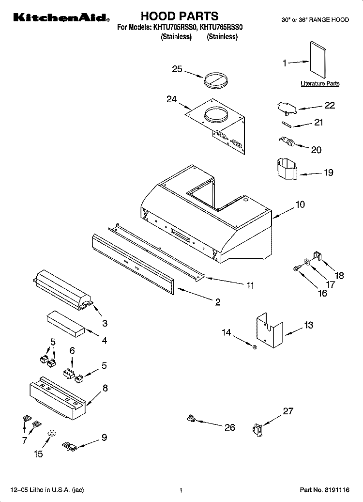 HOOD PARTS Diagram and Parts List for KHTU765RSS0  KitchenAid Range Hood