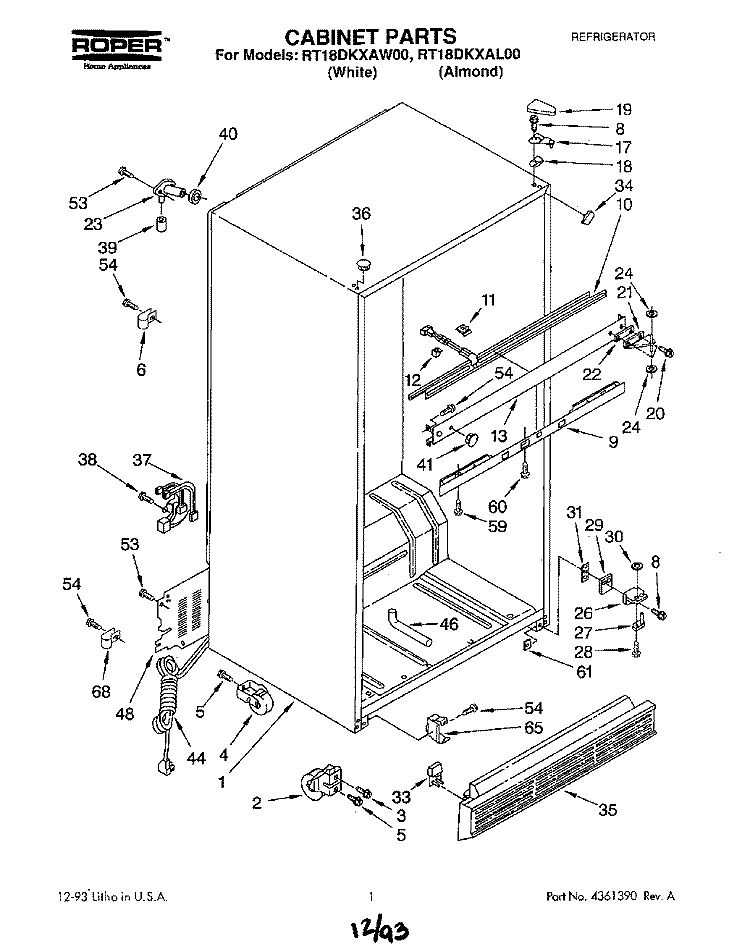 CABINET Diagram and Parts List for RT18DKXAW00  Roper Refrigerator