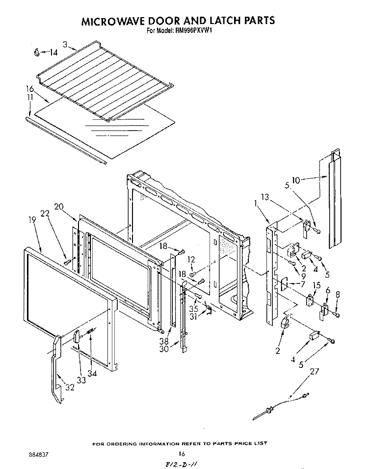MICROWAVE DOOR AND LATCH , LITERATURE Diagram and Parts List for RM996PXVN1  Whirlpool Microwave Oven Combo
